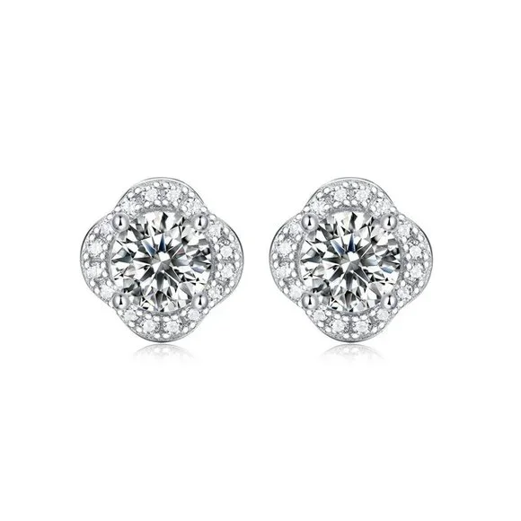 Certified 1ct. t.w. Moissanite Diamond Clover Halo Stud Earrings NEW - Picture 6 of 13